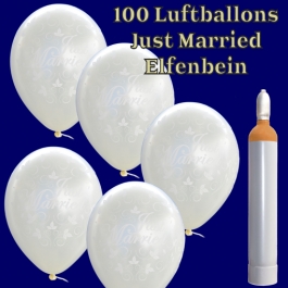 Ballons-Helium-Set-100-Luftballons-Just-Married-Elfenbein-und-10-Liter-Helium-Ballongasflasche-zur-Hochzeit