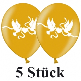 Luftballons 30 cm, Metallic, Gold mit Hochzeitstauben in Weiß, 5 Stück