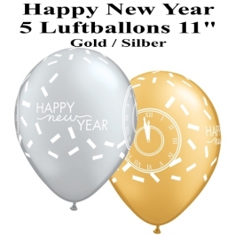 Luftballons zu Silvester und Neujahr, Happy New Year, silber-gold, 5 Stück