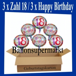 Luftballons mit Helium zum 18. Geburtstag, 3 Luftballons Happy Birthday und 3 Luftballons mit der Zahl 18