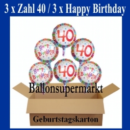 Luftballons mit Helium zum 40. Geburtstag, 3 Luftballons Happy Birthday und 3 Luftballons mit der Zahl 40