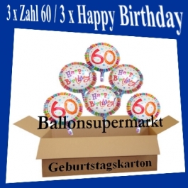 Luftballons mit Helium zum 60. Geburtstag, 3 Luftballons Happy Birthday und 3 Luftballons mit der Zahl 60