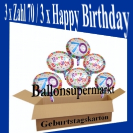 Luftballons mit Helium zum 70. Geburtstag, 3 Luftballons Happy Birthday und 3 Luftballons mit der Zahl 70