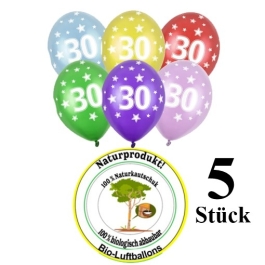 Luftballons mit der Zahl 30 zum 30. Geburtstag, 5 Stück, bunt gemischt, 30-33 cm