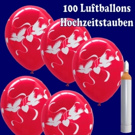 Luftballons Helium Maxi Set, 100 Luftballons in Rubinrot mit weißen Hochzeitstauben