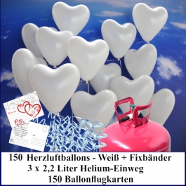 Luftballons zur Hochzeit steigen lassen, 150 weiße Herzluftballons Helium-Einweg Set mit Ballonflugkarten