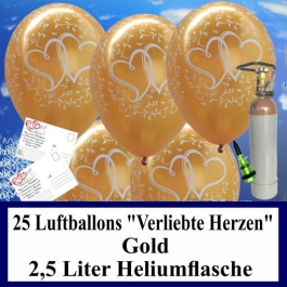 Luftballons zur Hochzeit steigen lassen, 30 Luftballons "Verliebte Herzen", gold, mit der 2,5 Liter Ballongas-Heliumflasche