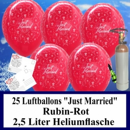 Luftballons zur Hochzeit steigen lassen, 25 Luftballons Just Married, rubinrot, mit der 2,5 Liter Ballongas-Heliumflasche