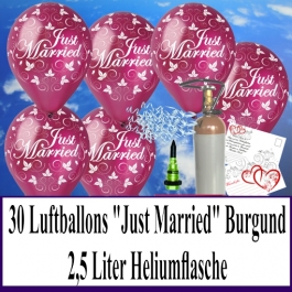Luftballons zur Hochzeit steigen lassen, 30 Luftballons Just Married, burgund, mit der 2,5 Liter Ballongas-Heliumflasche