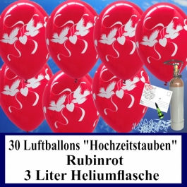Luftballons zur Hochzeit steigen lassen, 30 Luftballons Hochzeitstauben, rubinrot, mit der 3 Liter Ballongas-Heliumflasche