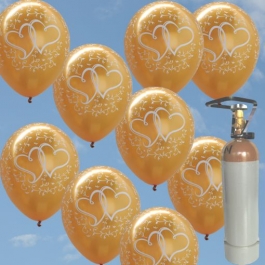 Luftballons zur Hochzeit steigen lassen, 50 Luftballons "Verliebte Herzen", gold, mit der 5 Liter Ballongas-Heliumflasche