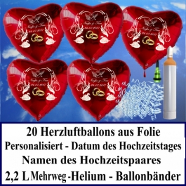 Luftballons zur Hochzeit steigen lassen, 20 rote Herzluftballons aus Folie mit Namen des Hochzeitspaares und Datum des Hochzeitstages, Helium-Mehrweg-Set