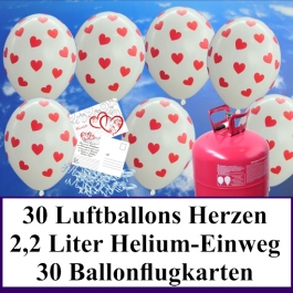 Luftballons zur Hochzeit steigen lassen, weiße Rundluftballons mit roten Herzen, Helium-Einweg Set mit Ballonflugkarten