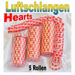 Luftschlangen mit Herzen, rot-weiß, 5 Rollen