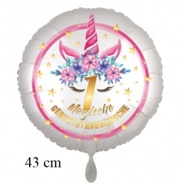 Magische Geburtstagswünsche, 1. Geburtstag, Luftballon aus Folie, Satin de Luxe, weiß, Unicorn Flowers