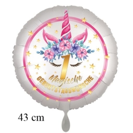 Magische Geburtstagswünsche, 1. Geburtstag, Luftballon aus Folie, Satin de Luxe, weiß, Unicorn Flowers