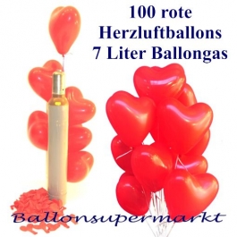 Luftballons zur Hochzeit steigen lassen, 100 rote Herzluftballons mit 7 Liter Ballongas Helium