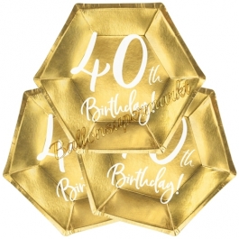 40th Birthday Gold Partyteller zum 40. Geburtstag, 6 Stück