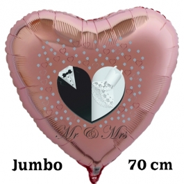Mr & Mrs. Großer rosegoldener Herzluftballon aus Folie, 70 cm, inklusive Helium