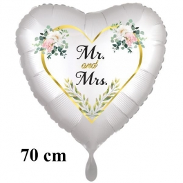 Mr. & Mrs. Golden Heart and Flowers, 70 cm Herzluftballon, satinweiss, ohne Helium zur Hochzeit