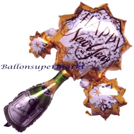 Großer Luftballon aus Folie zu Silvester und Neujahr, Happy New Year Cheers, Cluster Ballon, Sterne und Champagnerflasche