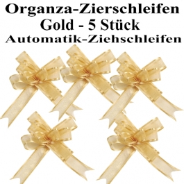 Organza Zierschleifen Gold, 5 Stück, 22 mm, Automatik-Ziehschleifen