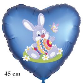 Osterhase mit Osterei und Schmetterling, Ostern, Luftballon in Satinblau aus Folie in Herzform