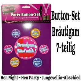 Party-Button-Set Bräutigam zu Hen Night, Hen Party und Junggesellenabschied
