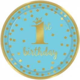 Gold 1st Birthday Blau, 8 Partyteller zum 1. Geburtstag