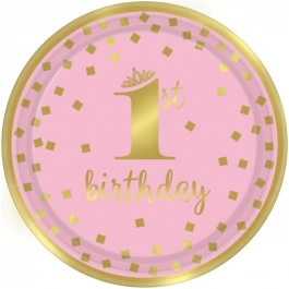 Gold 1st Birthday Rosa, 8 Partyteller zum 1. Geburtstag