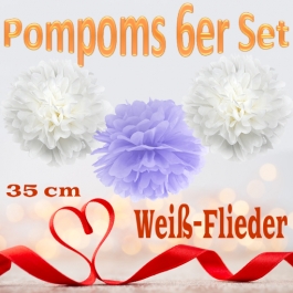 Pompoms in Flieder und Weiß, 35 cm, 6er Set