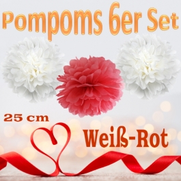 Pompoms in Weiß und Rot, 25 cm, 6er Set