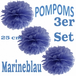 Pompoms Marineblau, 25 cm, 3 Stück