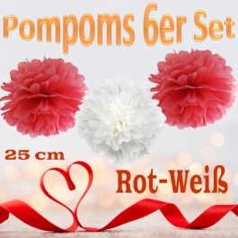 Pompoms in Rot und Weiß, 25 cm, 6er Set