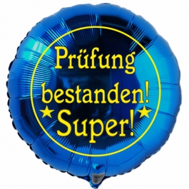 Prüfung bestanden! Super! Blauer Luftballon aus Folie mit Helium Ballongas