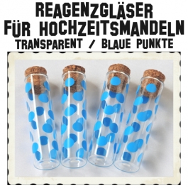 Reagenzgläser für Hochzeitsmandeln, 10 cm, Transparent mit Korken, blau gepunktet