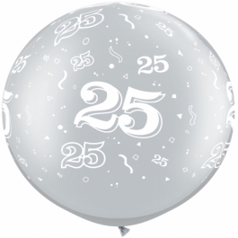 Riesen-Luftballon Zahl 25, silber metallic, 90 cm, Riesenballon mit Jubiläumszahl, Zahl 25 auf dem riesigen Ballon