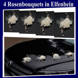 Rosen-Bouquets-in-Elfenbein-Hochzeitsdekoration-Hochzeitsauto