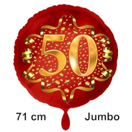 Großer Zahl 50 Luftballon aus Folie zum 50. Geburtstag, 71 cm, Rot/Gold, heliumgefüllt