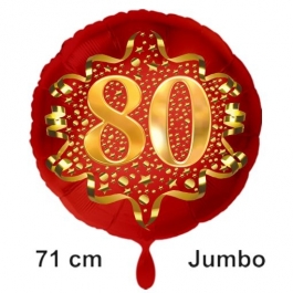 Großer Zahl 80 Luftballon aus Folie zum 80. Geburtstag, 71 cm, Rot/Gold, heliumgefüllt