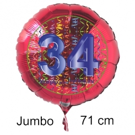Großer Zahl 34 Luftballon aus Folie zum 34. Geburtstag, 71 cm, Rot/Blau, heliumgefüllt