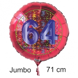 Großer Zahl 64 Luftballon aus Folie zum 64. Geburtstag, 71 cm, Rot/Blau, heliumgefüllt
