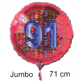 Großer Zahl 91 Luftballon aus Folie zum 91. Geburtstag, 71 cm, Rot/Blau, heliumgefüllt