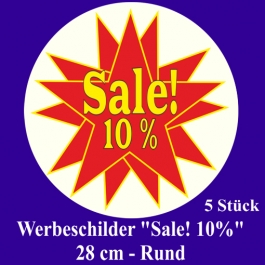 Werbeschilder "Sale! 10%" 5 Stück, rund, 28 cm