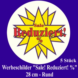 Werbeschilder "Sale! Reduziert! %" 5 Stück, rund, 28 cm