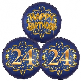 Satin Navy & Gold 24 Happy Birthday, Luftballons aus Folie zum 24. Geburtstag, inklusive Helium