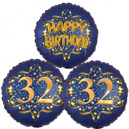 Satin Navy & Gold 32 Happy Birthday, Luftballons aus Folie zum 32. Geburtstag, inklusive Helium