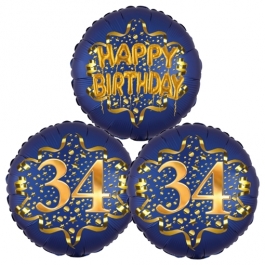 Satin Navy & Gold 34 Happy Birthday, Luftballons aus Folie zum 34. Geburtstag, inklusive Helium