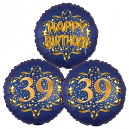Satin Navy & Gold 39 Happy Birthday, Luftballons aus Folie zum 39. Geburtstag, inklusive Helium