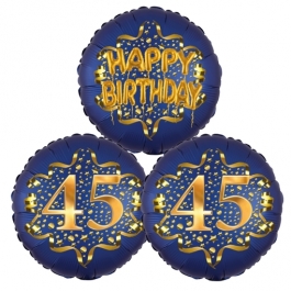 Satin Navy & Gold 45 Happy Birthday, Luftballons aus Folie zum 45. Geburtstag, inklusive Helium